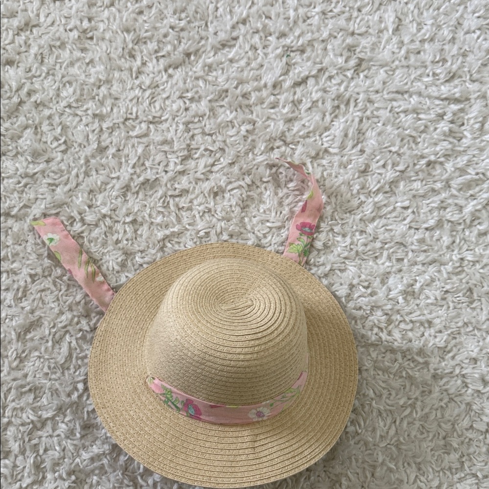 Straw Hat with Pink Floral Ribbon